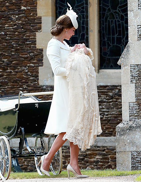 KING'S LYNN, ENGLAND - JULY 05:  Catherine, Duchess of Cambridge and Princess Charlotte of Cambridge arrive at the Church of St Mary Magdalene on the Sandringham Estate for the Christening of Princess Charlotte of Cambridge on July 5, 2015 in King's Lynn, England.  (Photo by Chris Jackson - WPA Pool/Getty Images)